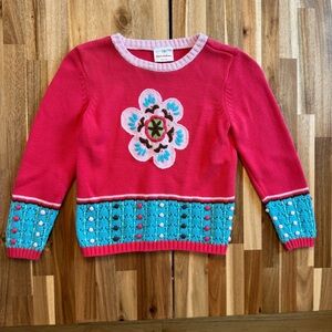 Hanna Andersson Girls Pink Floral Knit Sweater Teal Pom Pom Hem 110 100% Cotton